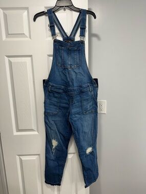 Indigo Blue Denim Distressed Maternity Overalls - Blue